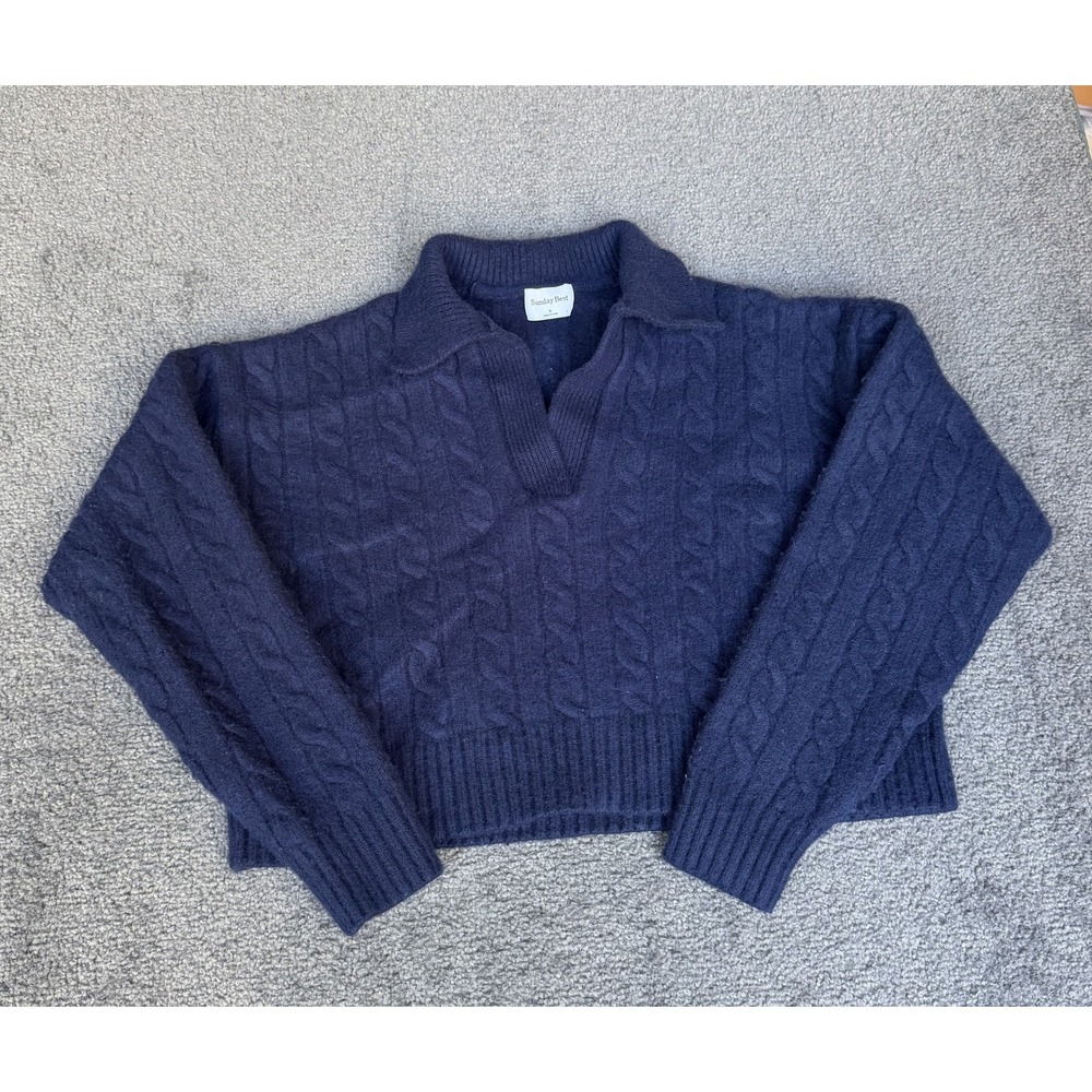 Sunday Best Aritzia Navy Blue Cable Knit Wool Blend Polo V-Neck Sweater Small